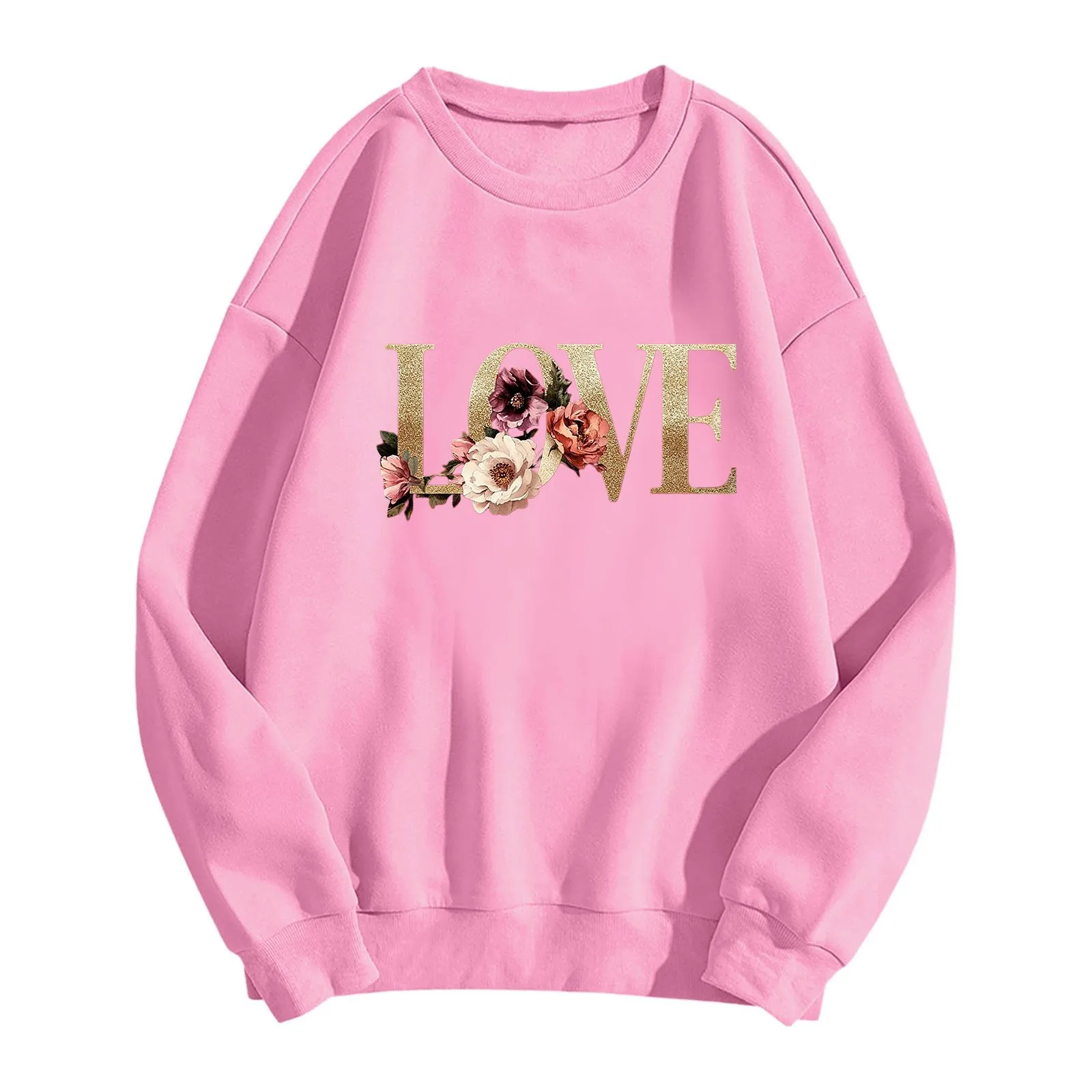 Women's Fashion Printed Sweatshirts Golden Love Happy Valentine's Day Long-Sleeved Capless Pullover Top Casual Woman Clothing