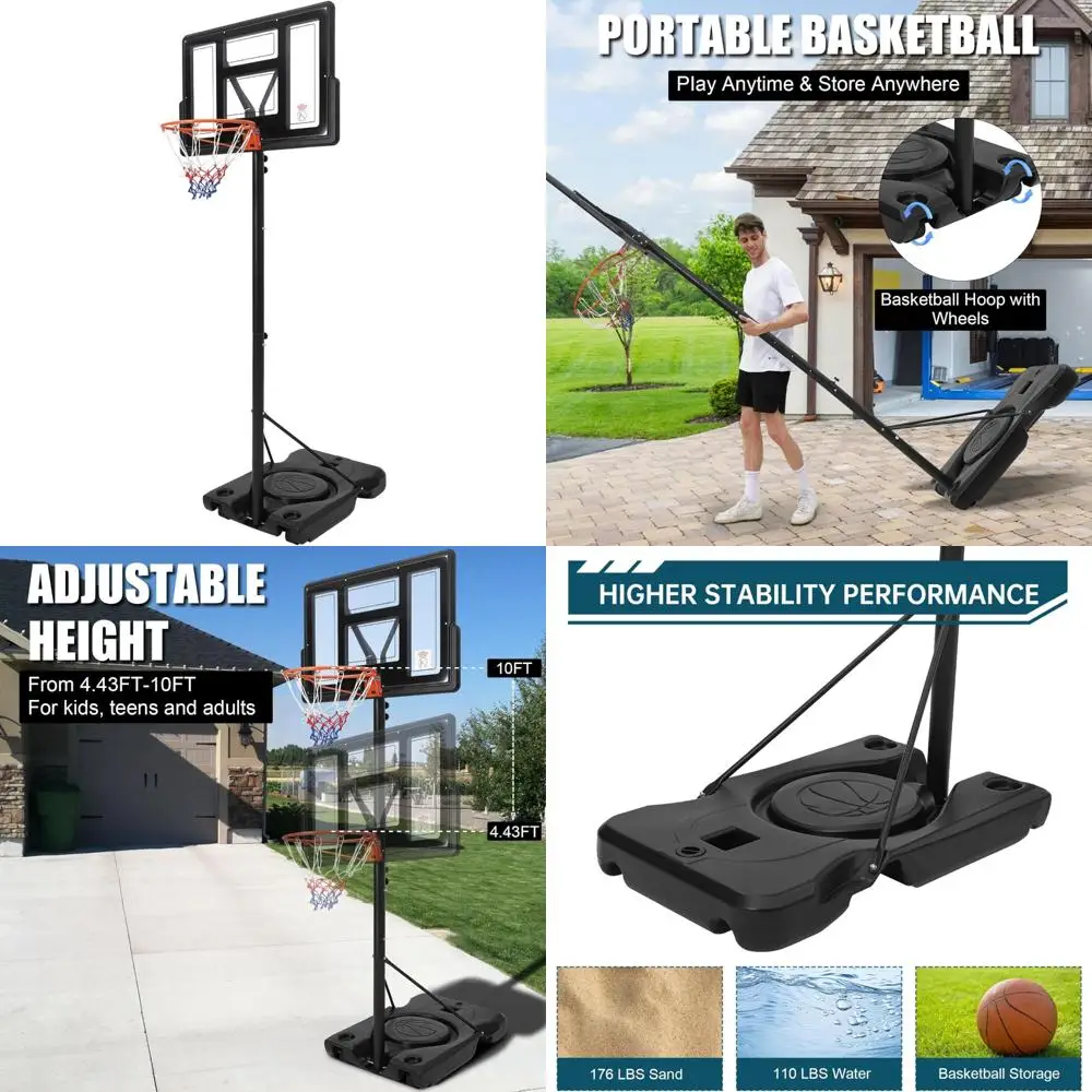 ポータブルバスケットボールフープシステム：4.43～10フィートの高さ調節可能、耐久性のあるベース、屋外用の割れないポリカーボネート製バックボード