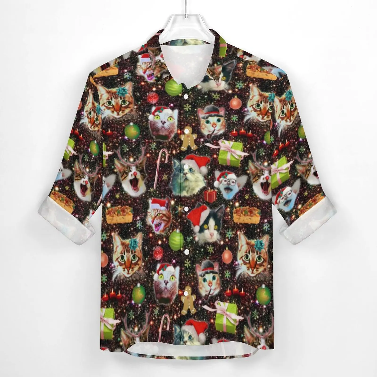 Christmas Cats Casual Shirts Mens Galaxy Stars Print Shirt Long Sleeve Fashion Street Style Blouses Autumn Clothes Large Size