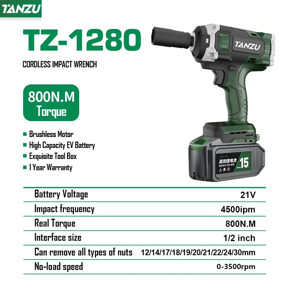 True 800N.m Cordless Electric Impact Wrench Brushless Motor With 21V Battery Charger For Dismantling Scaffolding Car Tire Tanzu