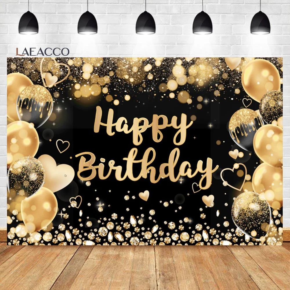 

Laeacco Happy Birthday Backdrop Glitter Black Gold Bokeh Balloons Sparkle Spots Heart Women Girl Portrait Photography Background