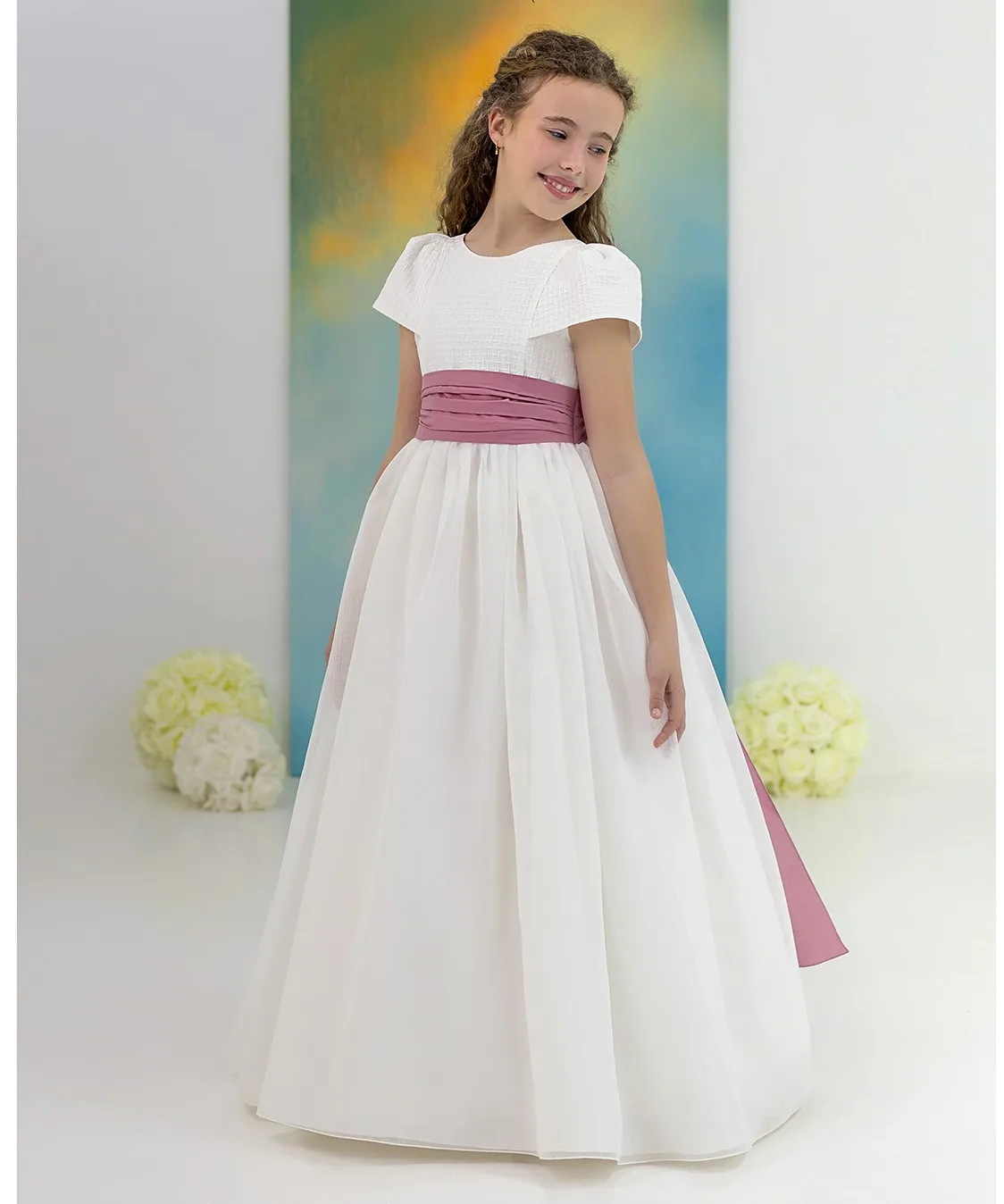 Elegram Holy First Communion Gowsn White Tulle A-line with Lace Flower Girl Dress for Kids Wedding Birthday Party Evening Ball