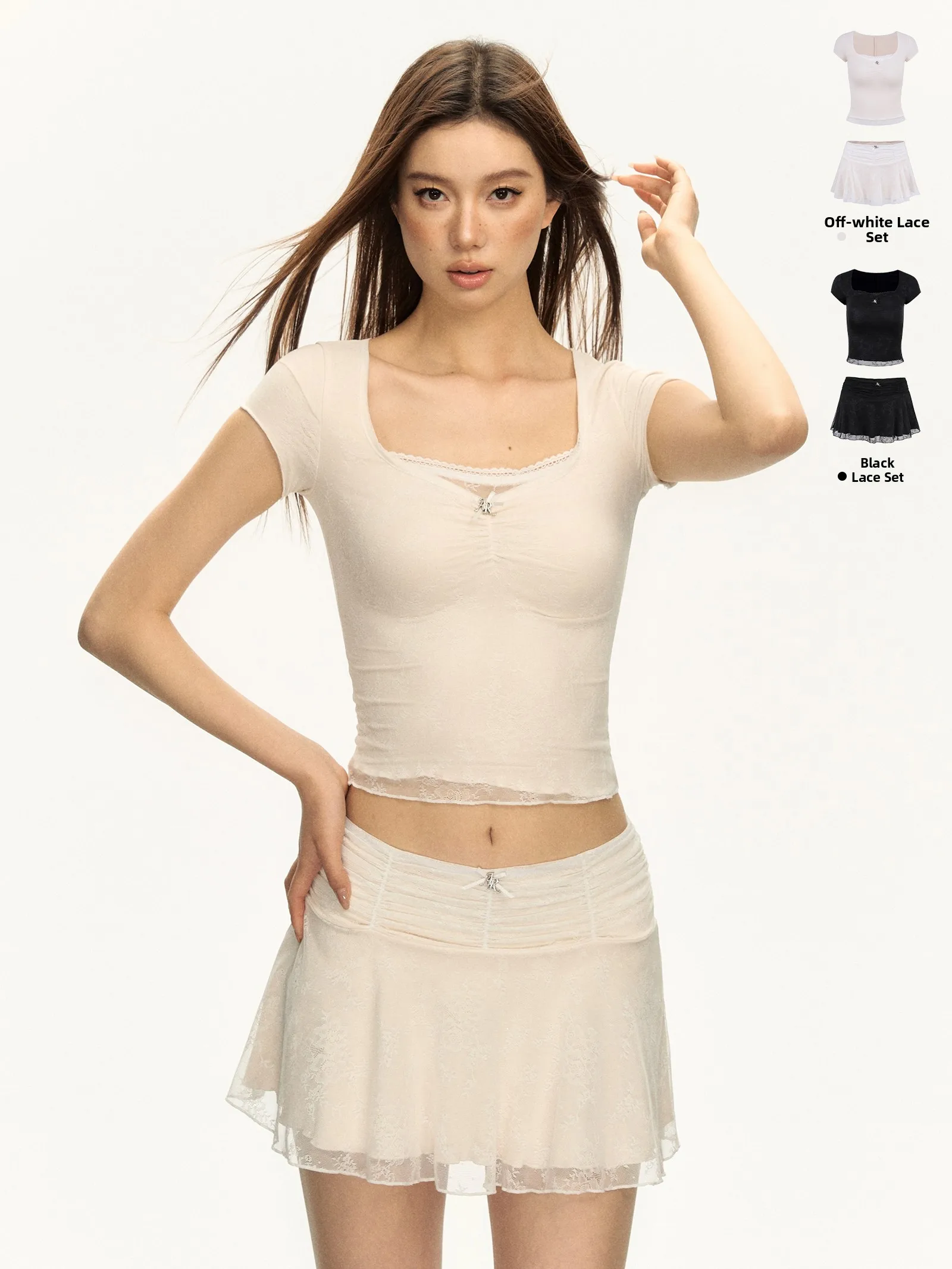 

Ariseism American Retro Hot Girl ort Sve Top Skirt Set Women's Faion Spring New Two-Piece Set Polyester Fiber ort Sl...