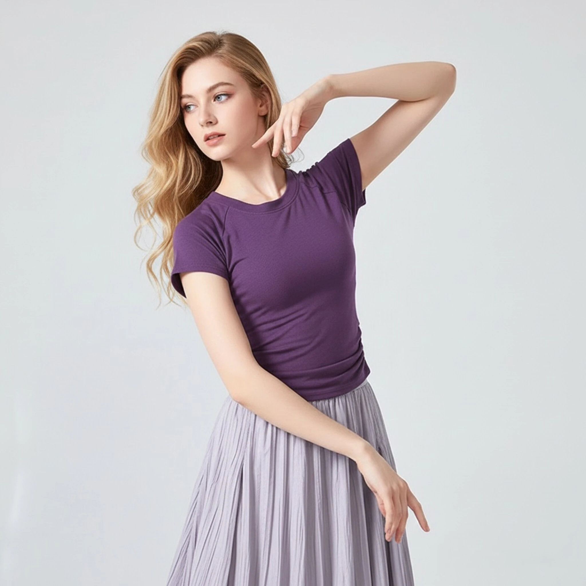 Women Short Sleeve Dance Top Round Neck Ruched Slim Fit Yoga T Shirt Back Cutout Stretchy Athletic Tee Ballet Gym Workout Wear
