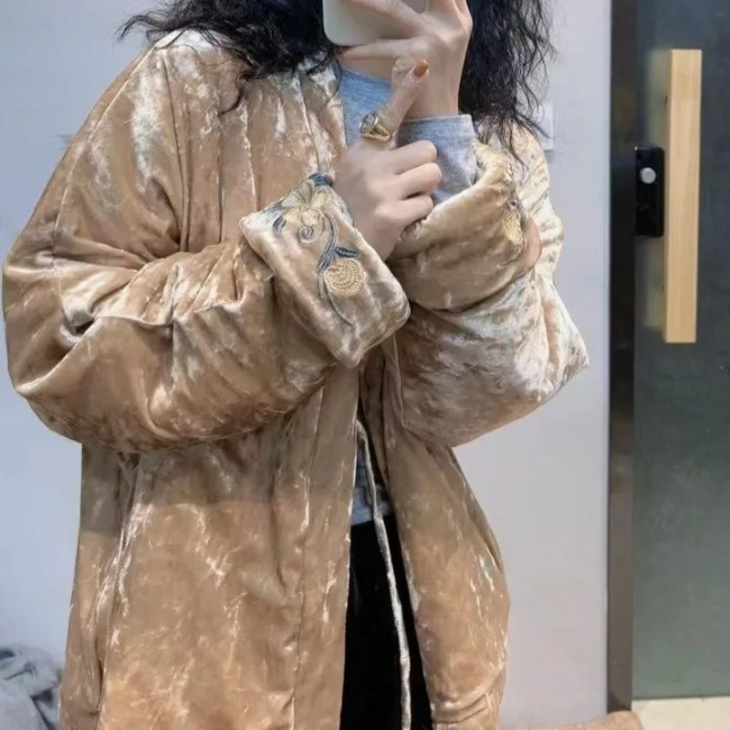 

Chinese Style Embroidery Cotton V-neck Gold Velvet Jacket Women Winter New Temperament Loose Warm Lace-up Cardigan Versatile