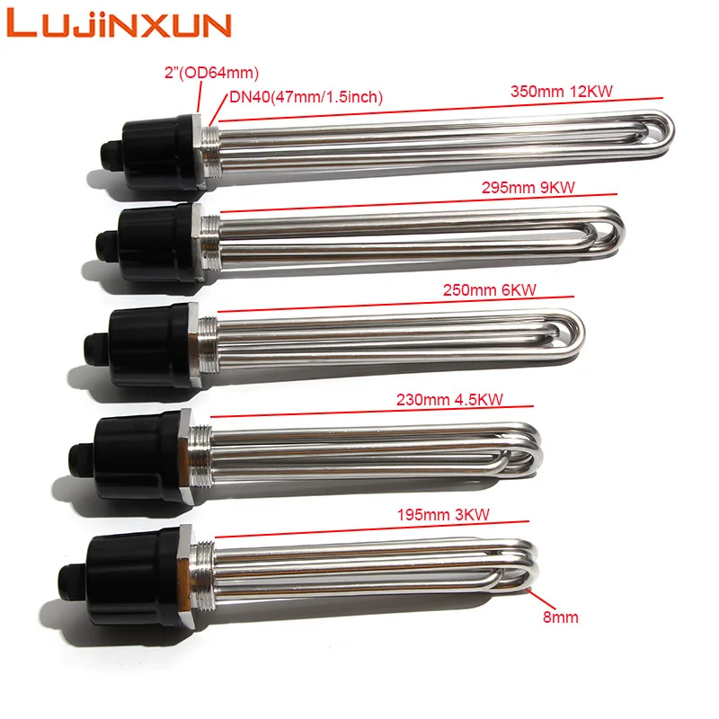 Lujinxun DN40 1,5 cala Gwint BSP Pełny 304 Elektryczny podgrzewacz wody Element zanurzeniowy 3KW/4,5KW/6KW/9KW/12KW 220V/380V