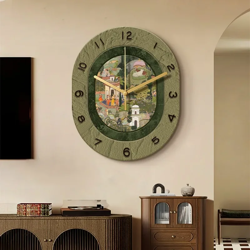 French Retro Living Room Wall Clock Antique Style Restaurant Decoration Dining Table Creative Clock Wall Hanging Green Clock