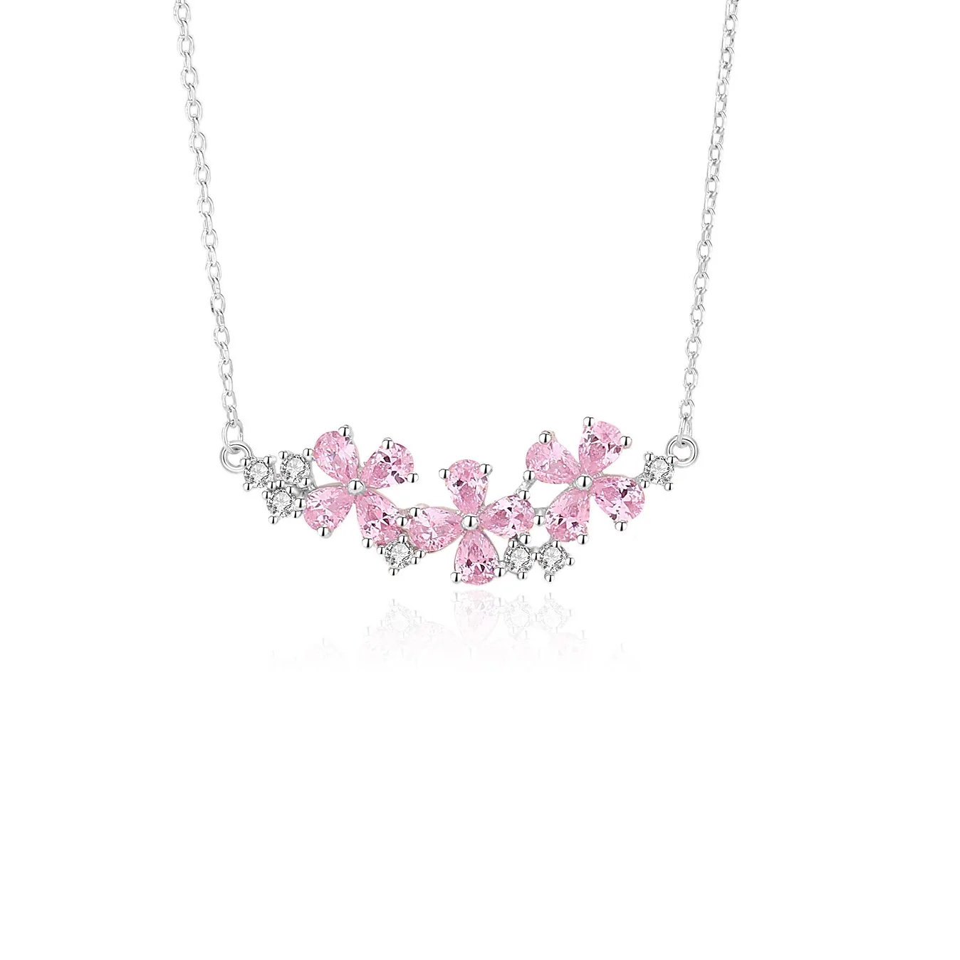 

S925 Silver Necklace Pink Peach Blossom Joker Simple Flower Clambone Chain European American Cross-Border Zircon for Female