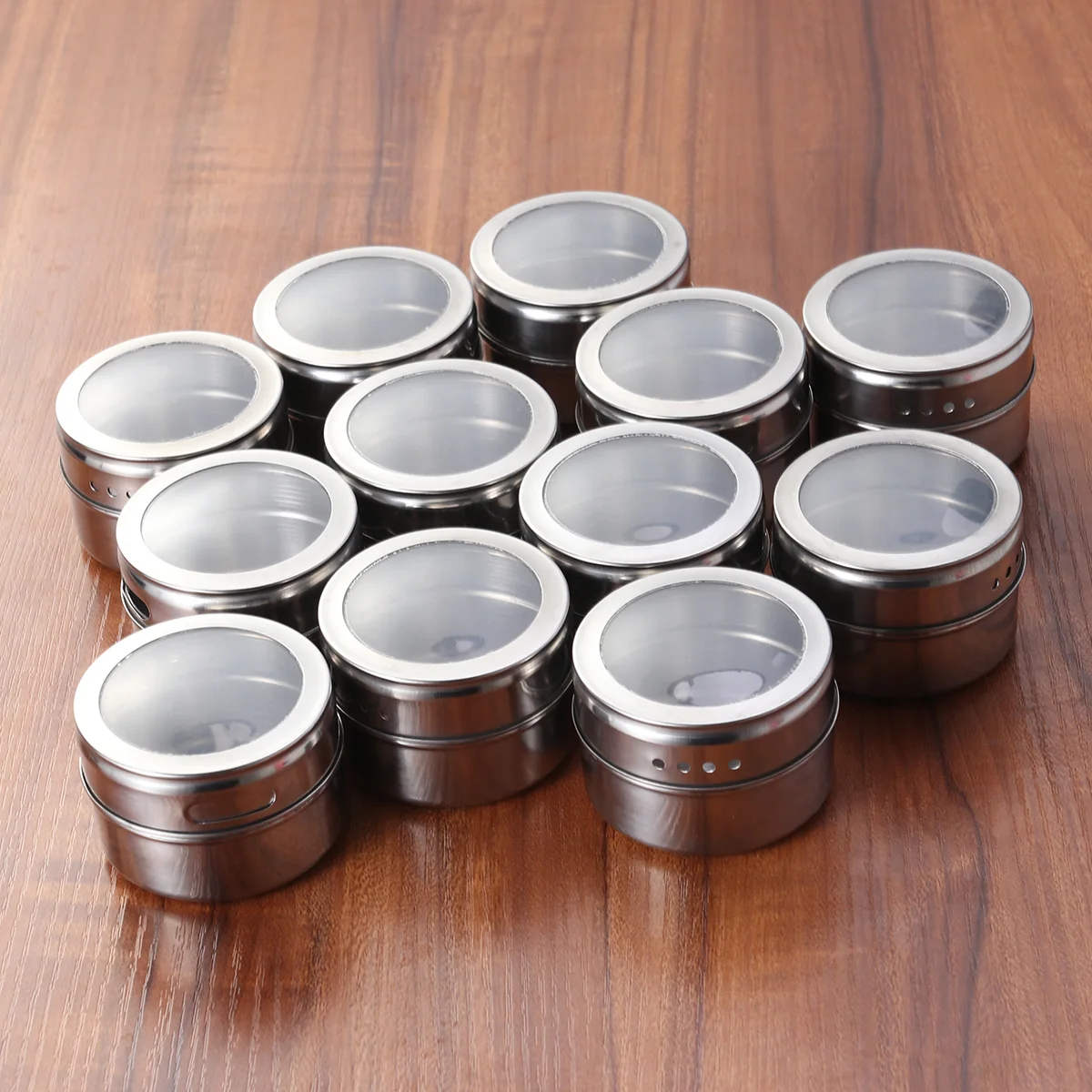 

12Pcs Stainless Steel Magnetic Multi-Purpose Spice Storage Tins Clear Lid with Sift or Pour Magnetic on Refrigerator and Grill (