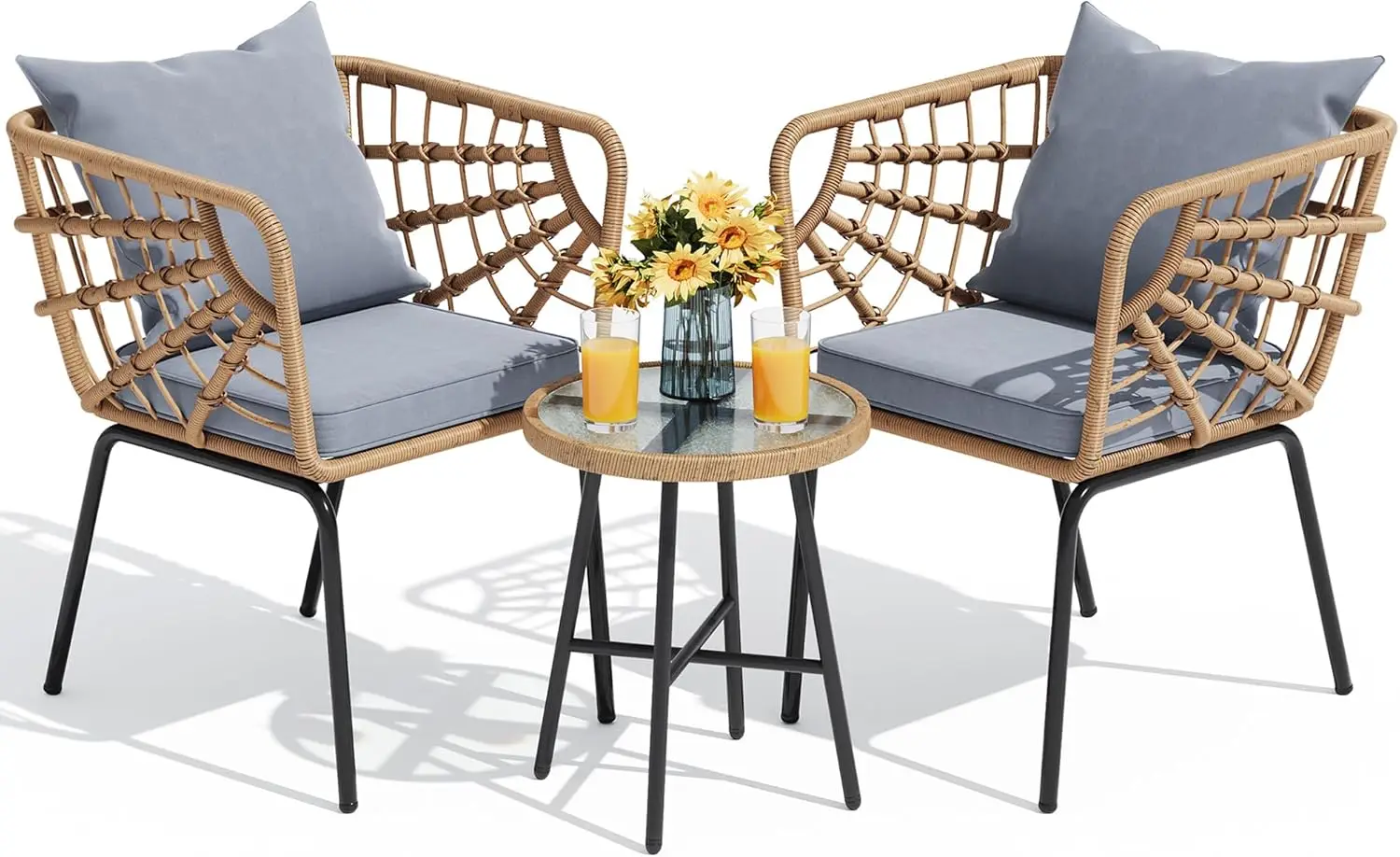 Conjunto Bistro de mimbre para exteriores, conjunto de conversación de Patio para todo tipo de clima, juego de muebles seccionales para exteriores con mesa y cojines, 3 piezas