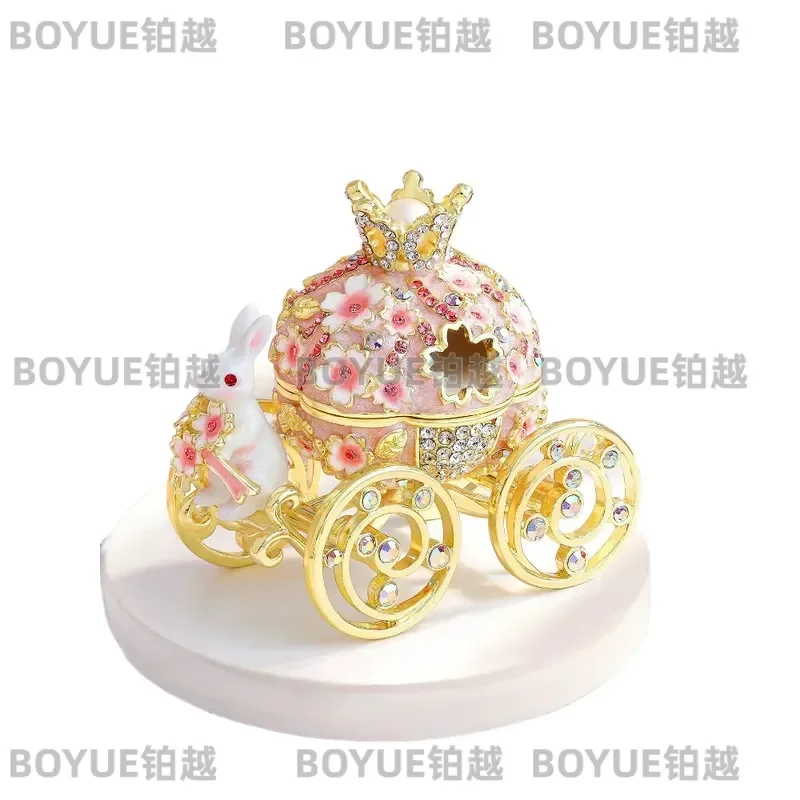Cherry Blossom Rabbit Carriage Ring Box Enamel Princess Style Jewelry Storage Case Wedding Proposal Gift for Her Qixi