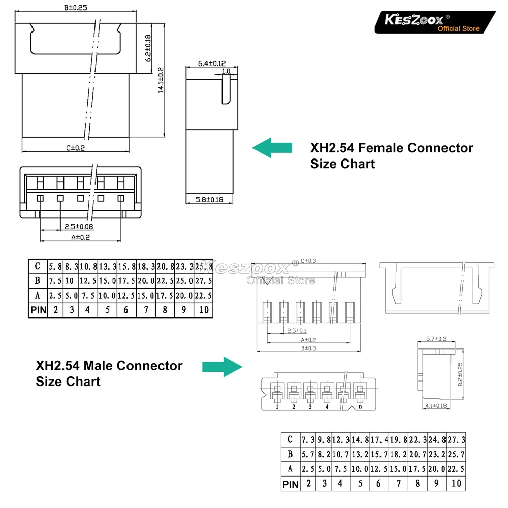 Keszoox JST 2.54mm XHP XH 2. 54 2-10P Male Female Housing Connector with 22AWG XHP Wire Cable Connector Kit