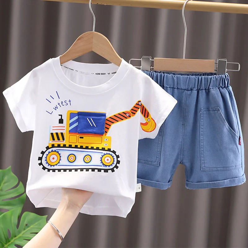 

Summer Toddler Boy Clothing Korean Kids Clothes Casual Cartoon Cotton Short Sleeve Baby Tops+Denim Shorts Children Sets B068
