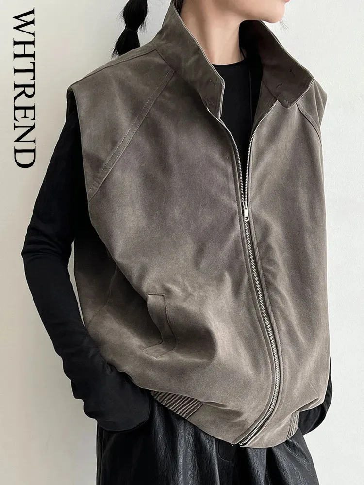 

WHTREND корейский стиль, новый повседневный жилет с воротником-стойкой для женщин, однотонная осенне-зимняя дизайнерская универсальная куртка на молнии WH1551