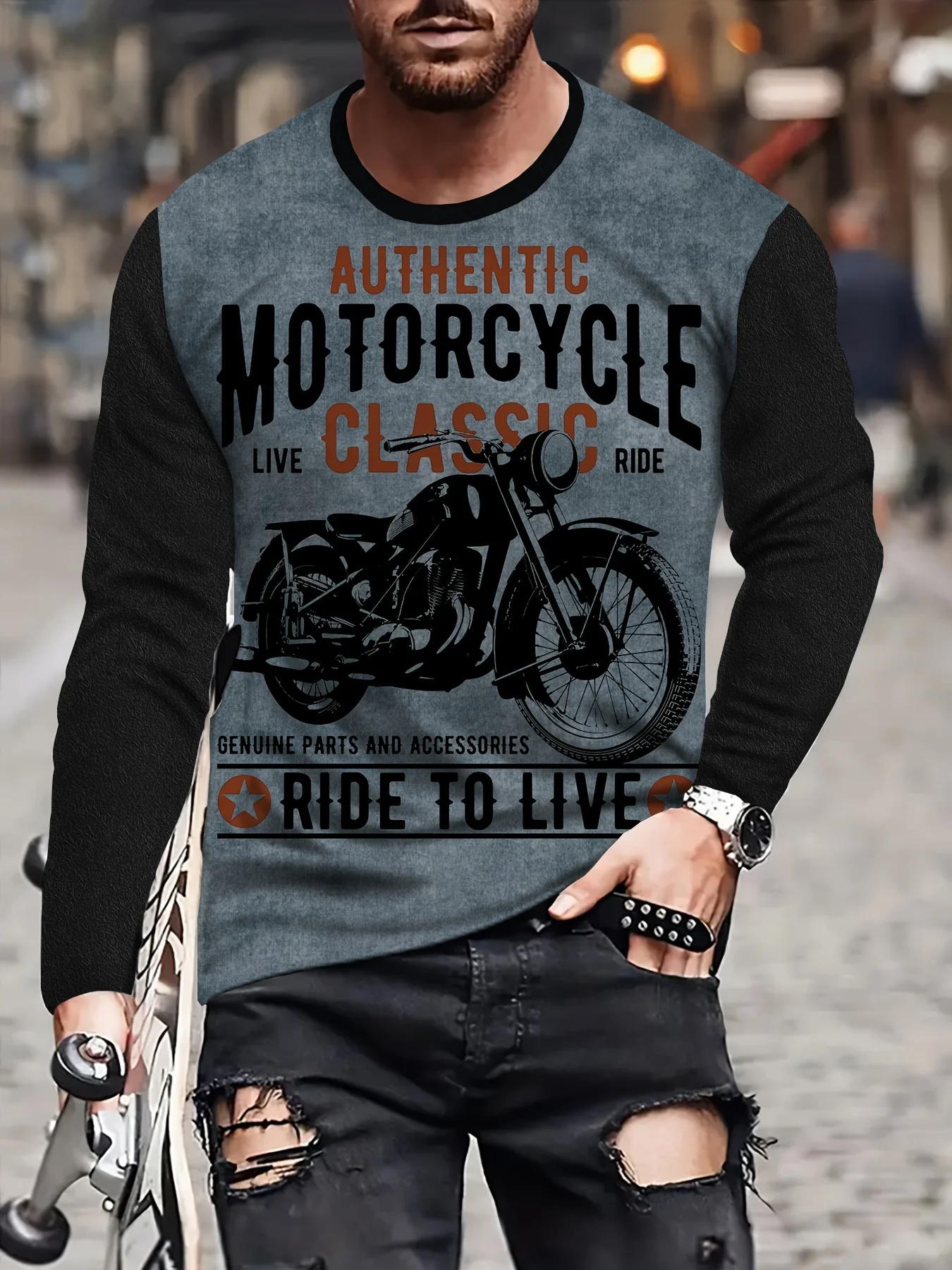 

Men's Casual Comfort Fit Long Sleeve T-Shirt with 3D Carp Print - Breathable Polyester Blend, Crew Neck, Perfect for Fall