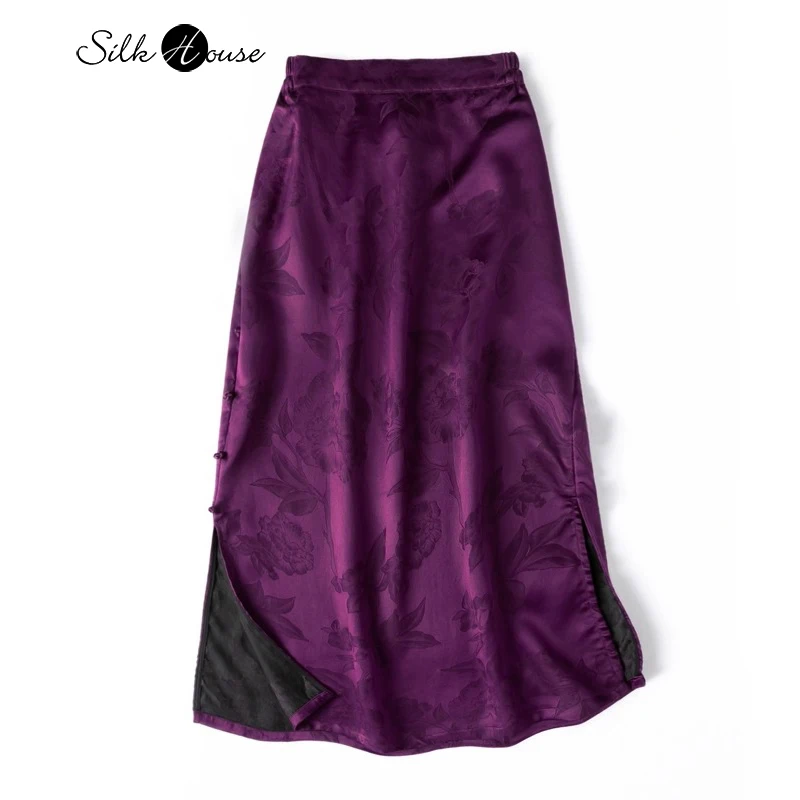 

Purple Red 45MM 100% Natural Mulberry Silk Gambiered Guangdong Gauze Temperament Buckle Women's Fashionable Hip Hugging Skirt