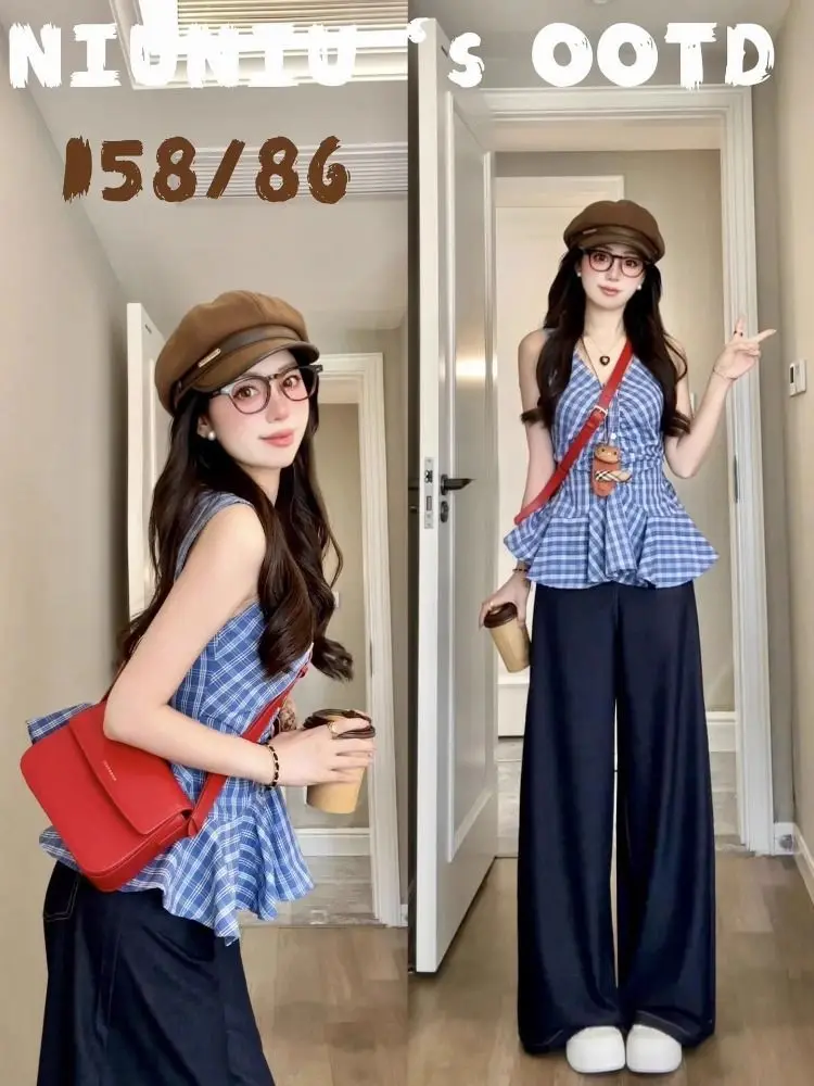 Summer Vintage Plaid Vest And Wide Leg Pants Set Women's Slimming Fashion Casual Commute Elegant Style High Waist Denim