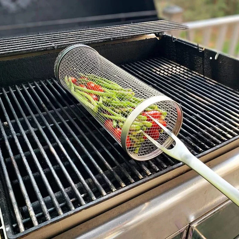 1 PCS New Outdoor Stainless Steel Barbecue Cage BBQ Cylindrical Mesh Tube Can Grill Beef, Mutton, Vegetables, Kitchen Supplies