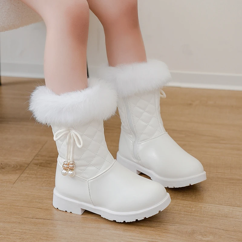 Fashionable Round Toe Thick Soled Comfortable Baby and Girl's Mid Length Boots Winter New Cute Bow Tie and Velvet Knight Boots