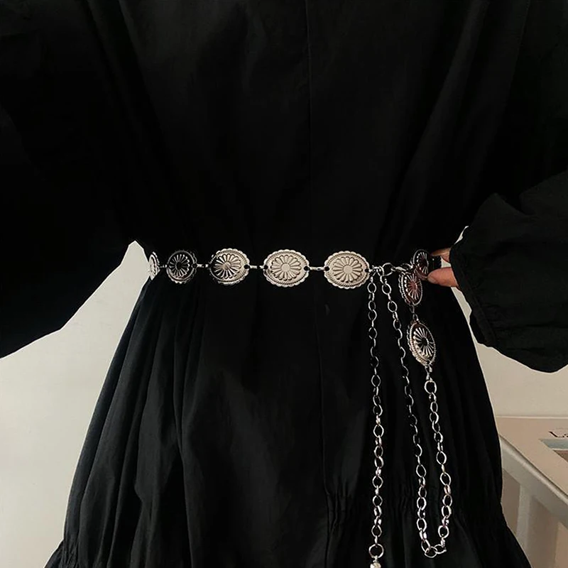 Metal Chain Belt For Women Cowgirl Western Country Chain Belts Adjustable Concho Belt For Sweaters Dresses Jeans