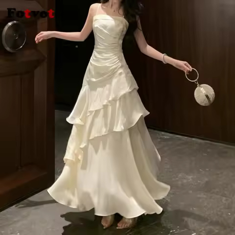 FOTVOTEE French Style Elegant Women's Long Dress Irregular Ruffles Big Swing Suspender Evening Dress 2025 New Chic Party Dresses