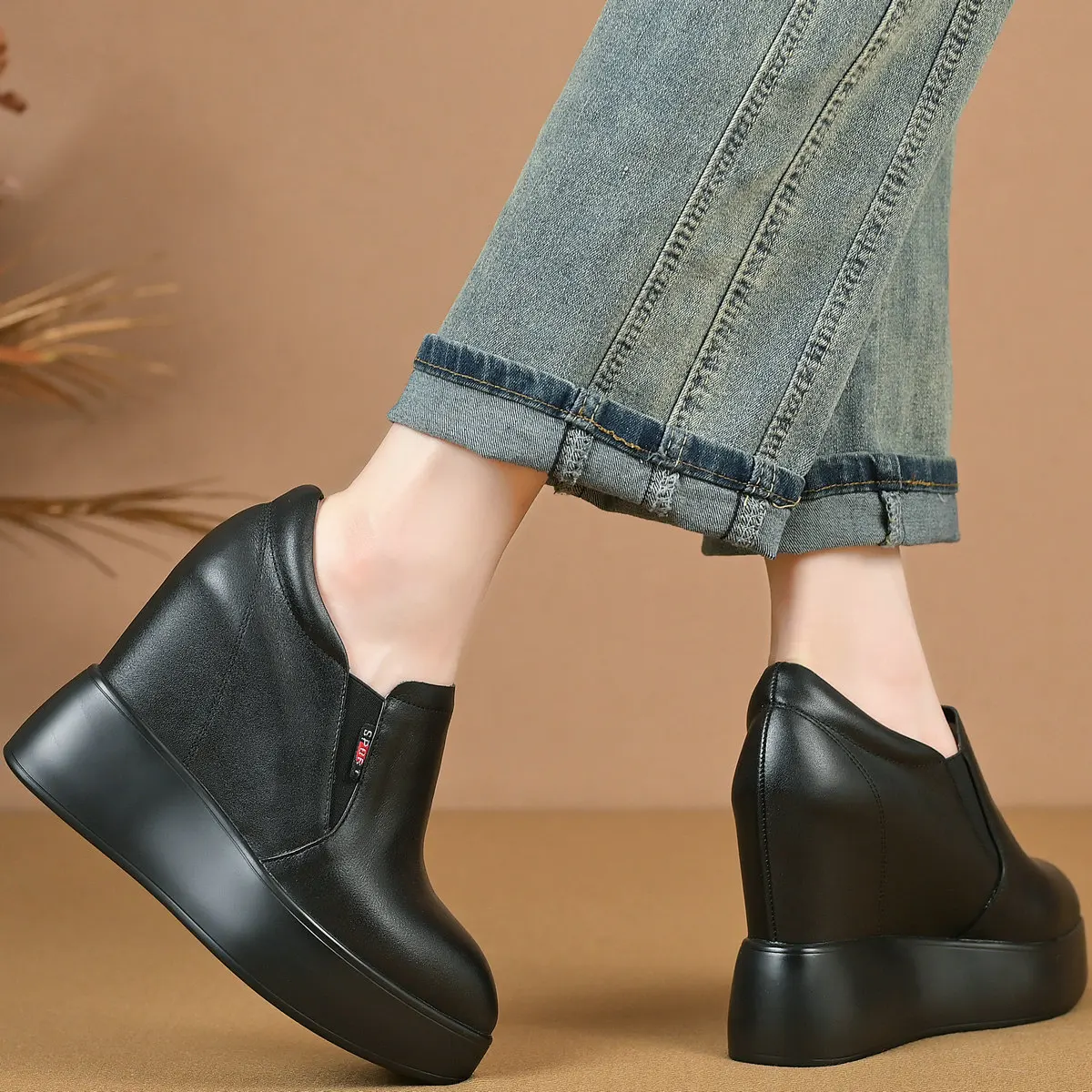 Wedges Pumps Shoes Women Slip On Genuine Leather High Heel Platform Ankle Boots Female Pointed Toe Fashion Sneakers Casual Shoes