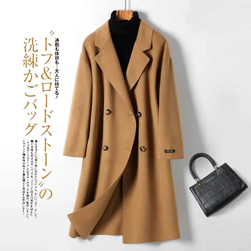 2025 Fashion Double-sided Cashmere Coat Women's Long Wool Overcoat Autumn Winter Double-breasted Slim Woolen Coats Windbreaker
