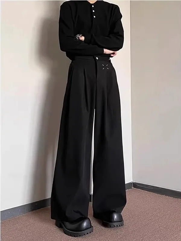 

American High Street Men's Pleated Wide Leg Pants Drapey Floor-Length Casual Trousers Loose Fit Straight Cut Jeans