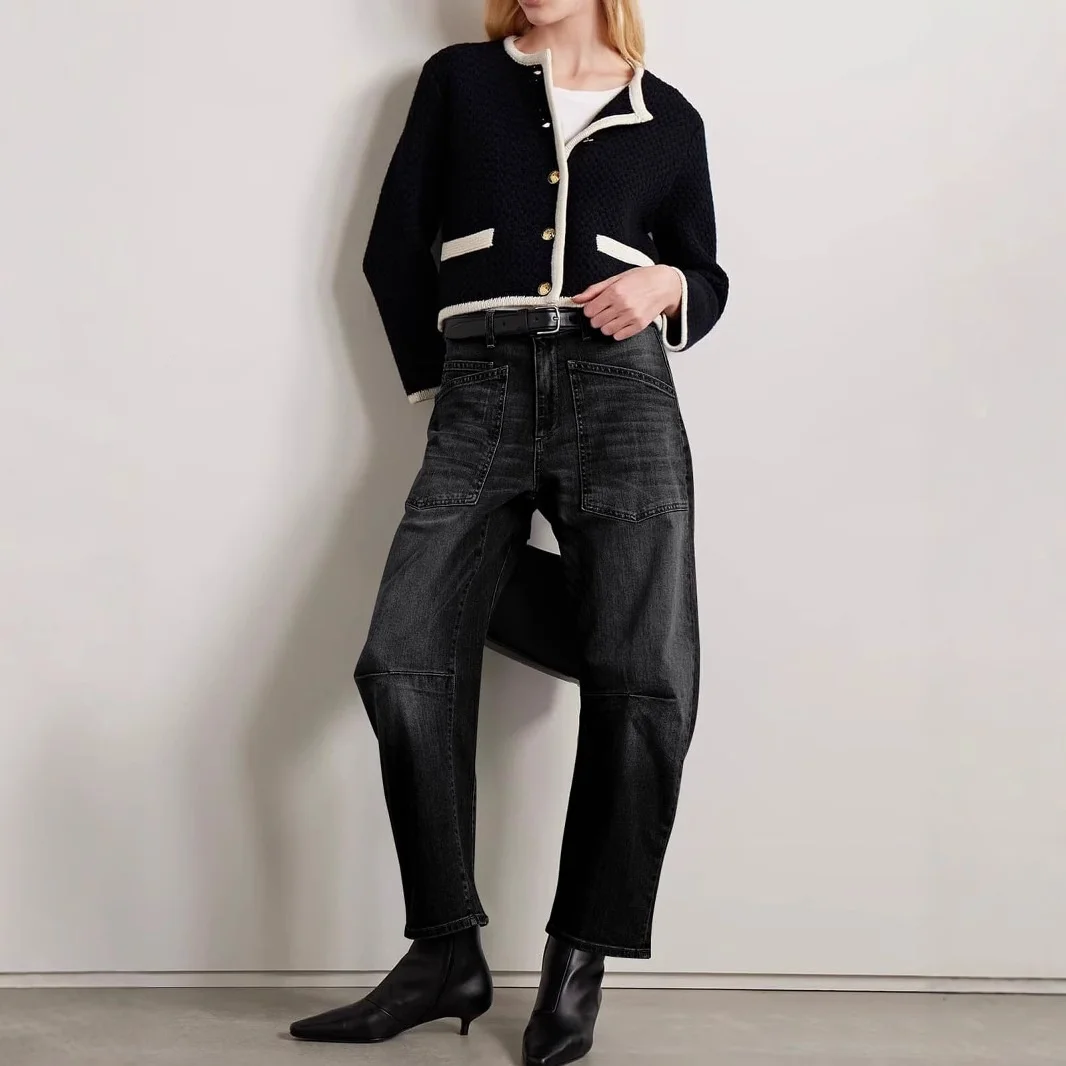 Vintage Deconstructed Cargo Pockets Washed High Waist Jeans Women Denim Pants