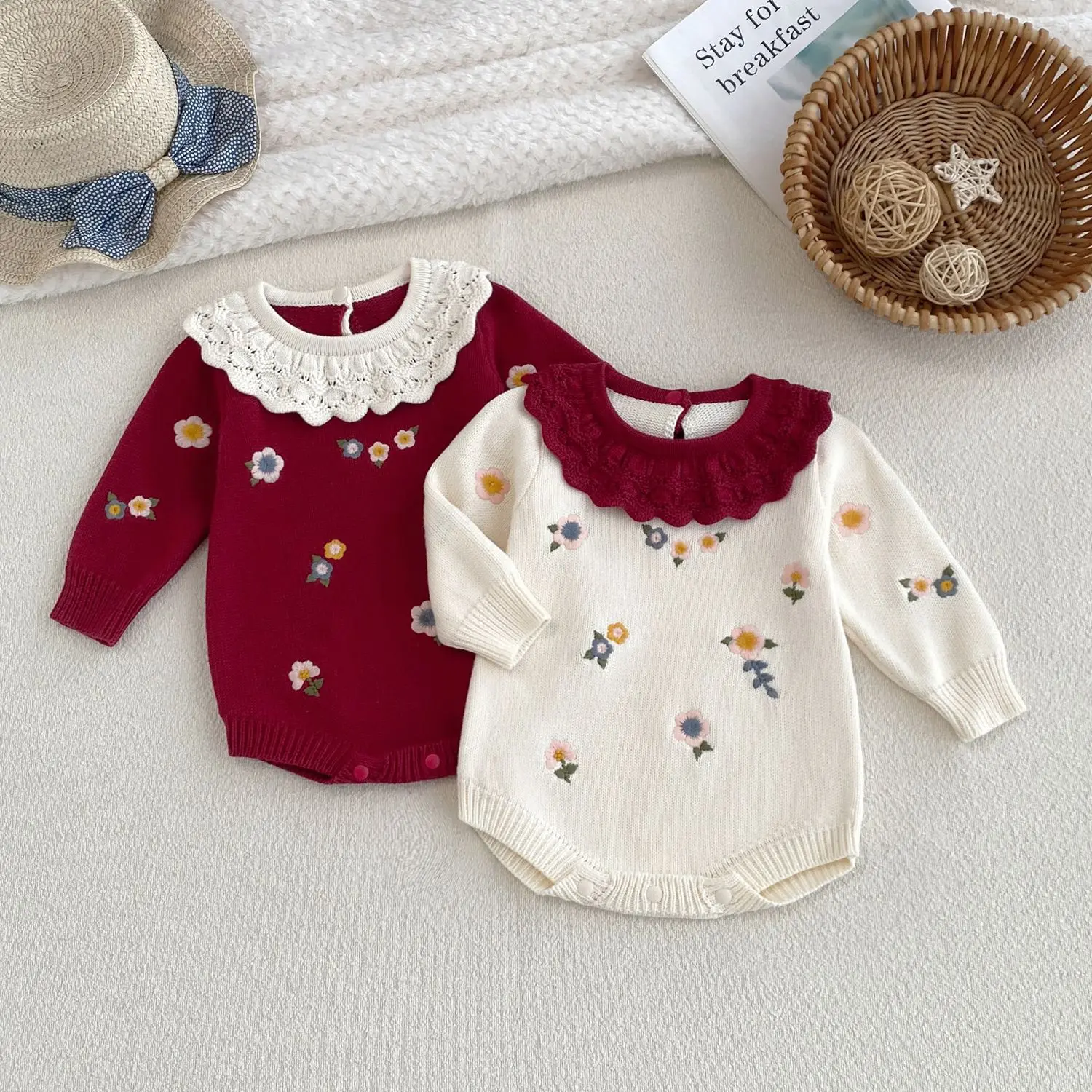 0-24M 100% Cotton Flower Newborn Baby Girl Knit Romper Winter Sweater Thick Warm Clothes Long Sleeve Floral Bodysuit