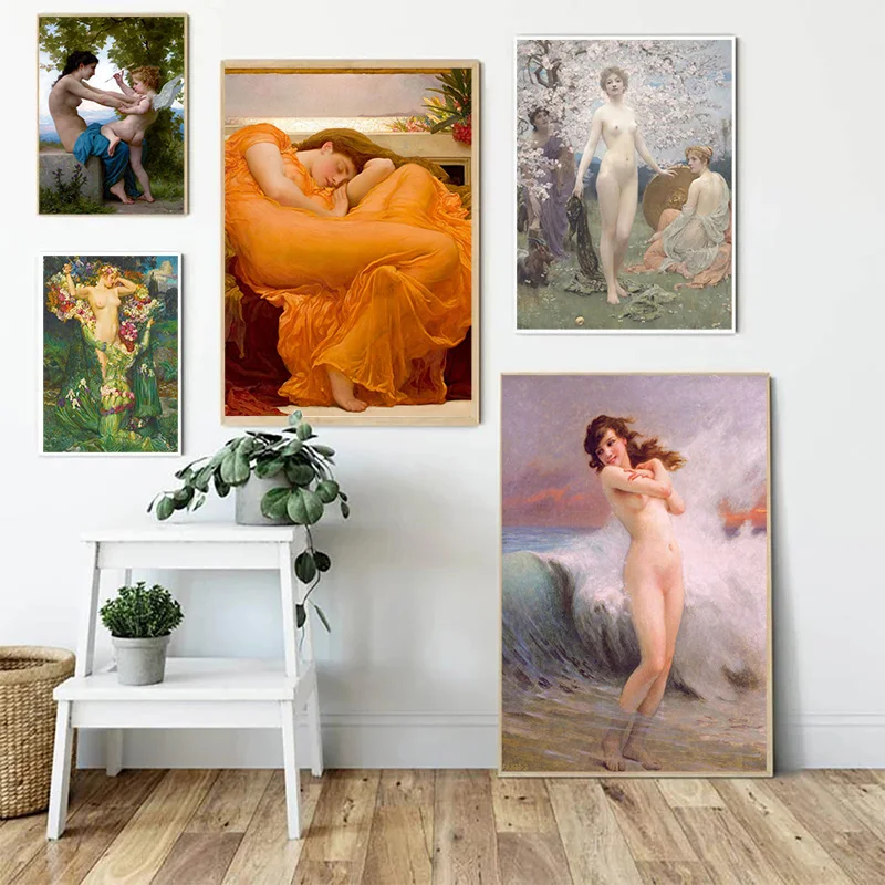 Retro Nordic Style Oil Painting Mythological Characters Canvas Poster Nude Angel Print Painting Picture for Living Room Decor