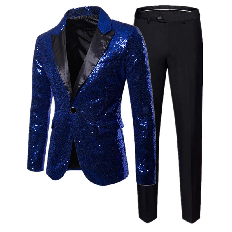 Conjunto de 2 peças de lantejoulas de luxo masculino, jaqueta, calça, jaqueta, festa de casamento, baile, performance formal, apresentador, boate, bar