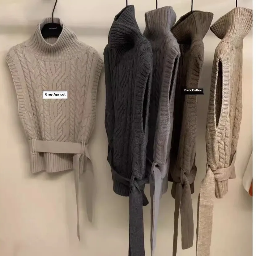 Gilet lavorato a maglia da donna Collo alto Vita stretta con cintura Svel Top Retro Sle Versatile Autunno Inverno Nuovo arrivo