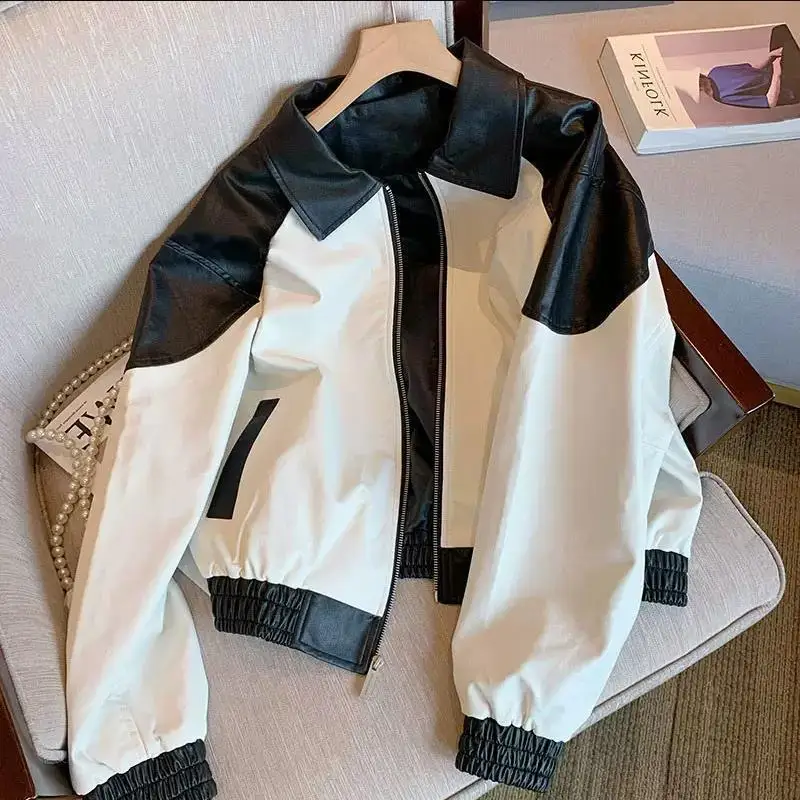Black And White Patchwork leather Jacket 2026 Spring And Autumn New Baseball Uniform Women's loose Motorcycle Jackets