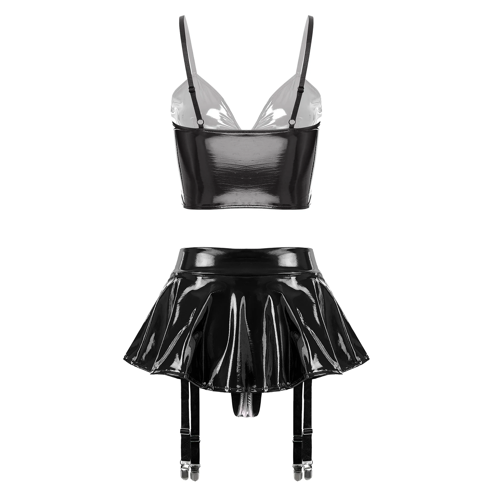 Womens Glossy Patent Leather Lingerie Set Punk Rave Clubwear Costume Sling Front Zipper Sling Vest Top with Thong Garter Skirts