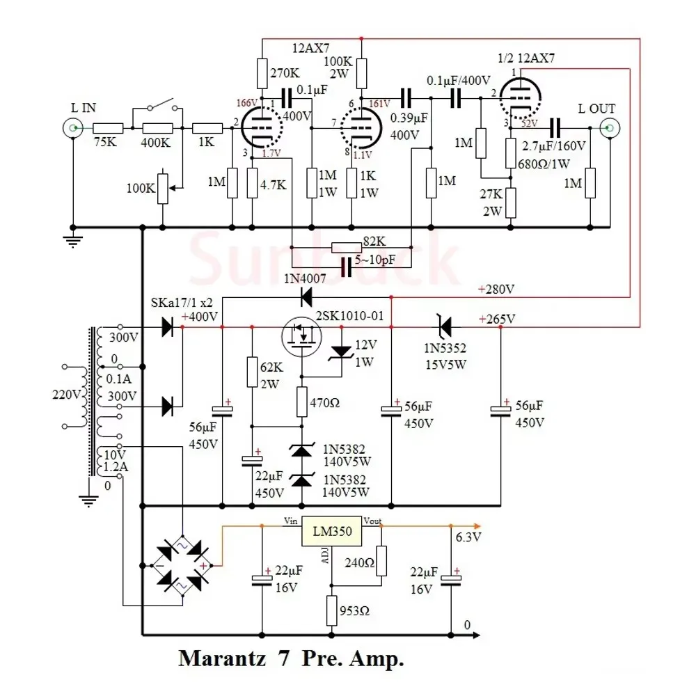 Передний усилитель Sunbuck 12AX7 6Z4, ламповый выпрямитель с вакуумным выпрямителем Marantz 7, ламповый предусилитель, HIFI, усилитель мощности, аудио
