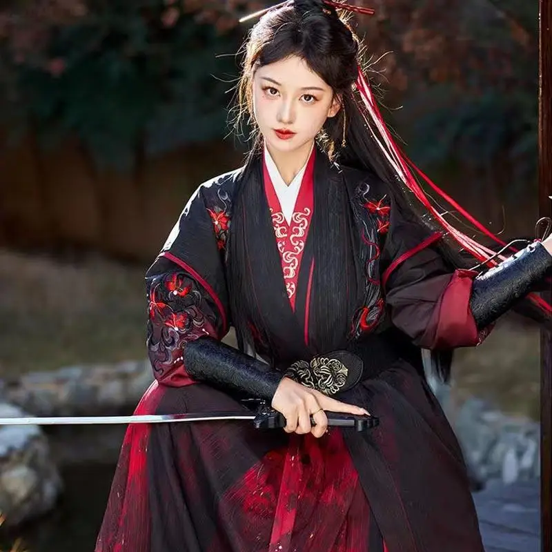 النساء الرجال أسود أحمر Hanfu سلالة سونغ التقليدية Beizi تنورة التاريخ القديم المبارز تأثيري حلي هالوين Wuxia الدعاوى #6