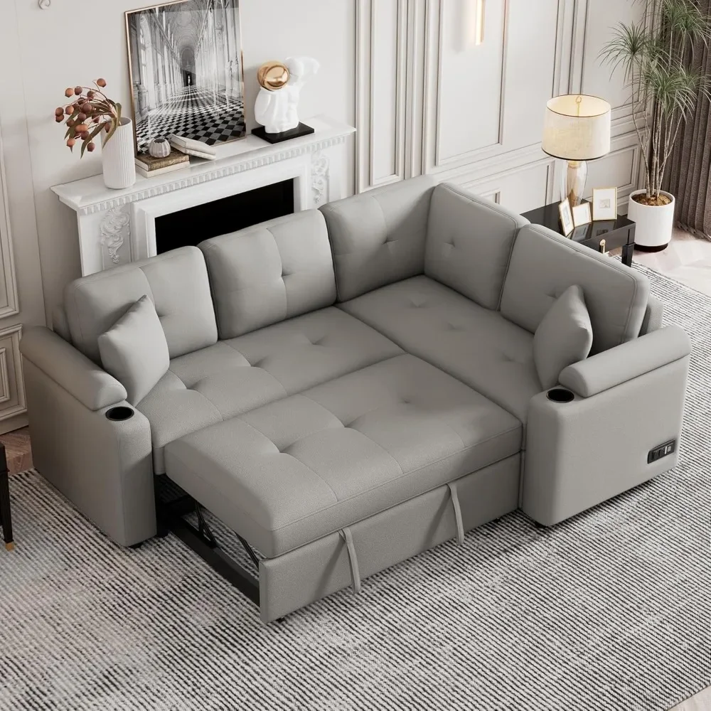 Convertible Sofa Couch with Built-in Arm Cup Holders and USB Ports, Velvet Pull-out Sleeper with 2 Pillows, Upholstered Sofa Bed