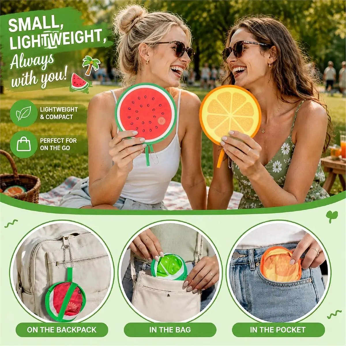 New Tool Folding Hand Fan Fruit Print Round Pocket Fan for Summer Beach Travel Festival Party Outdoor Decoration Handheld Fan