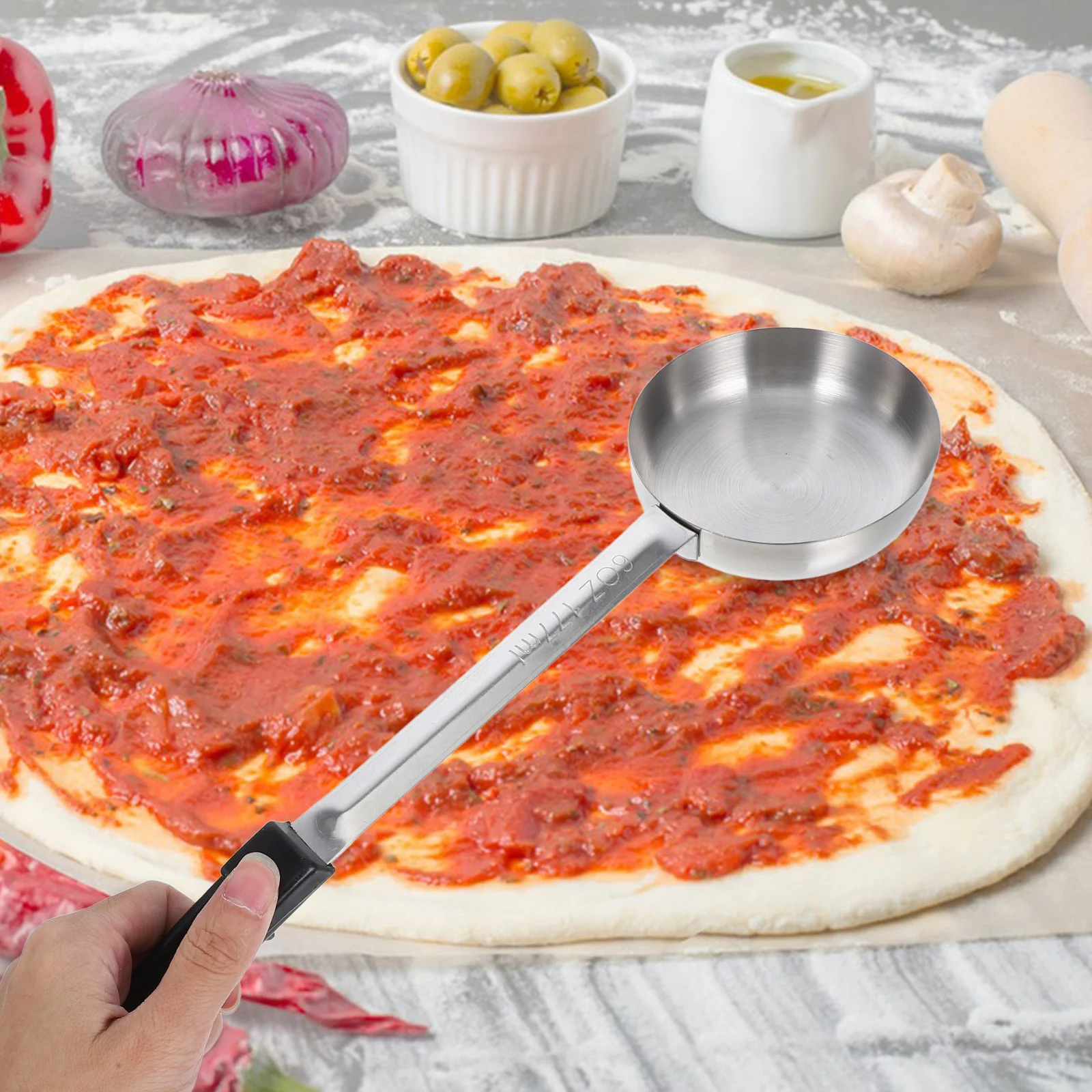 

Sauce Ladle Stainless Steel Precision Portion Control For Pizza Sauce Soup Serving Flat Bottom Kitchen Cooking Spoon