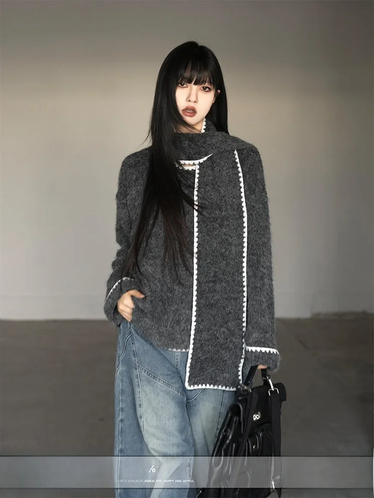 

Ретро-костюм из двух предметов: теплый вязаный свитер свободного кроя с контрастными вставками и шарфом в корейском стиле, осенне-зимний, с милым дизайном для волос