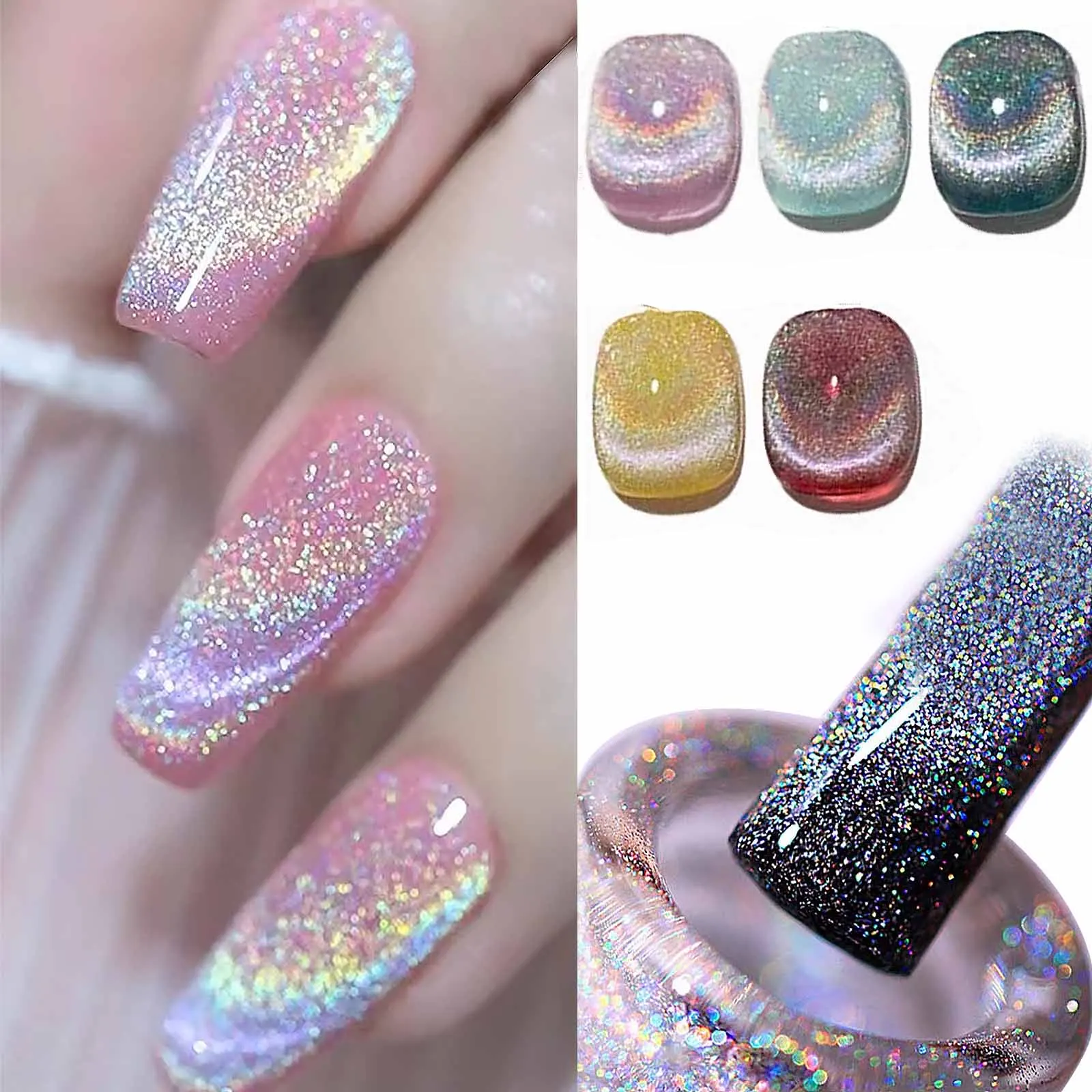 8ml Rainbow Cat Eye Magnetic Gel Nail Polish Colorful Laser Sparkling UV LED Semi Permanent Gel Can Be Use On Any Color Gel