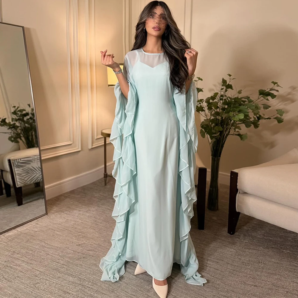 

Graceful Blue Chiffon Evening Dress Fashion Long Sleeves Prom Dresses Delicate Sweep Train Customized Special Occasion Gowns