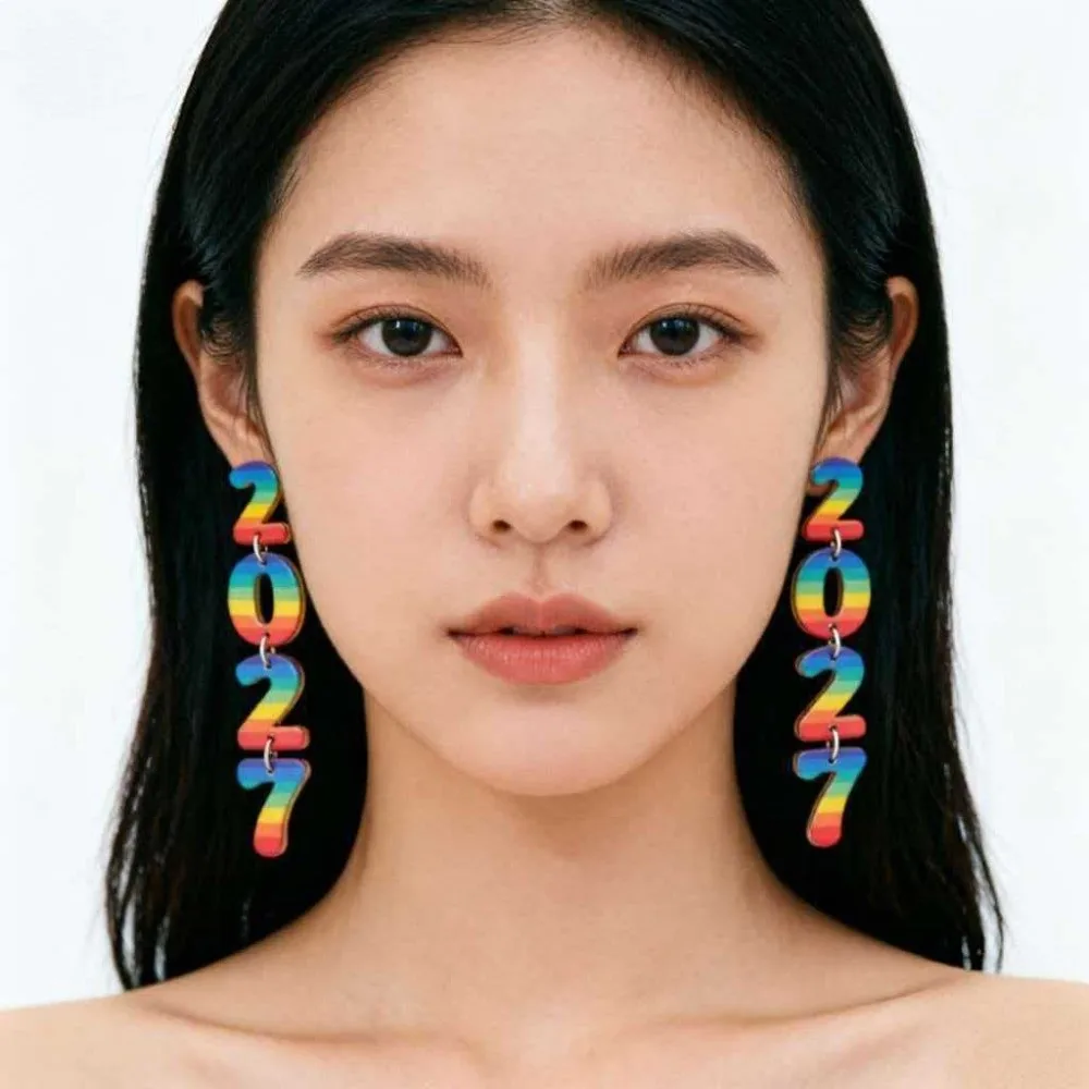Fashion 2027 Digital Earrings Welcome a New Beginning Elegant Happy New Year Earrings Bohemian Style Wood Stud Earrings Travel