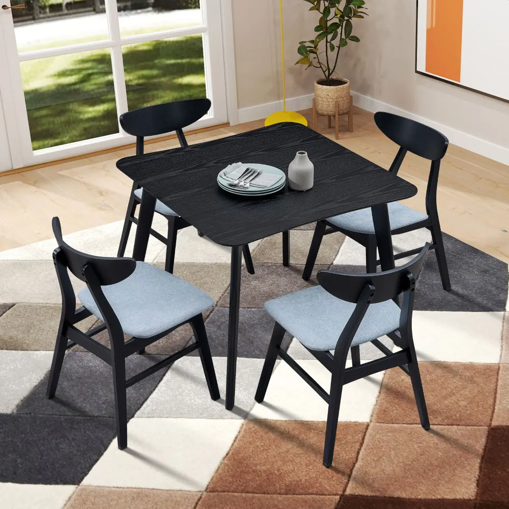 

Wooden Dining Table Set, 1 Table with 4 Chairs, Modern Simple Design Square Kitchen Table and Fabric Upholstered Dining Chairs