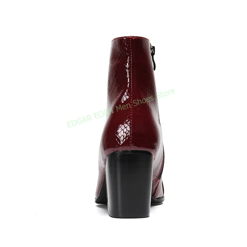 Fashion Snakeskin Pointed Toe Men Leather Ankle Boots Side Zipper Spring Autumn Male Wine Red Black Office Dress Formal Shoes