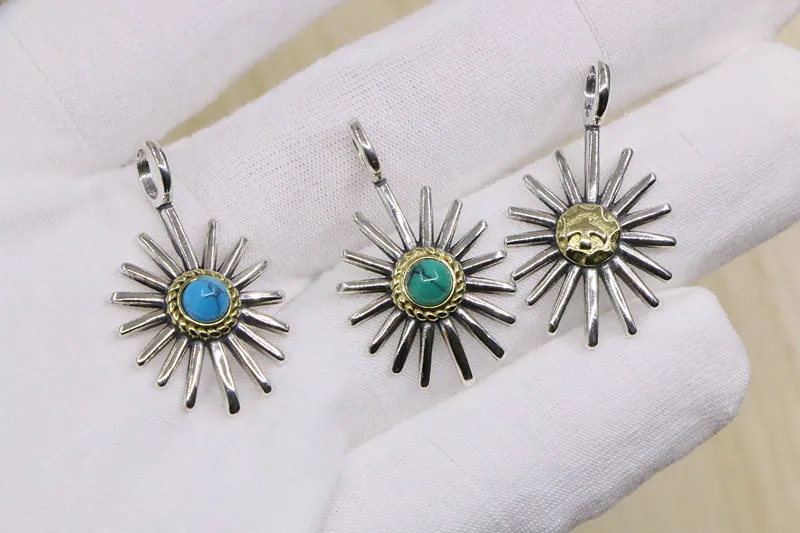 

925 Sterling Silver Sunflower Turquoise Necklace Men's Pendant Feather Sweater Chain Pendant Personality Fashion Jewelry Small P