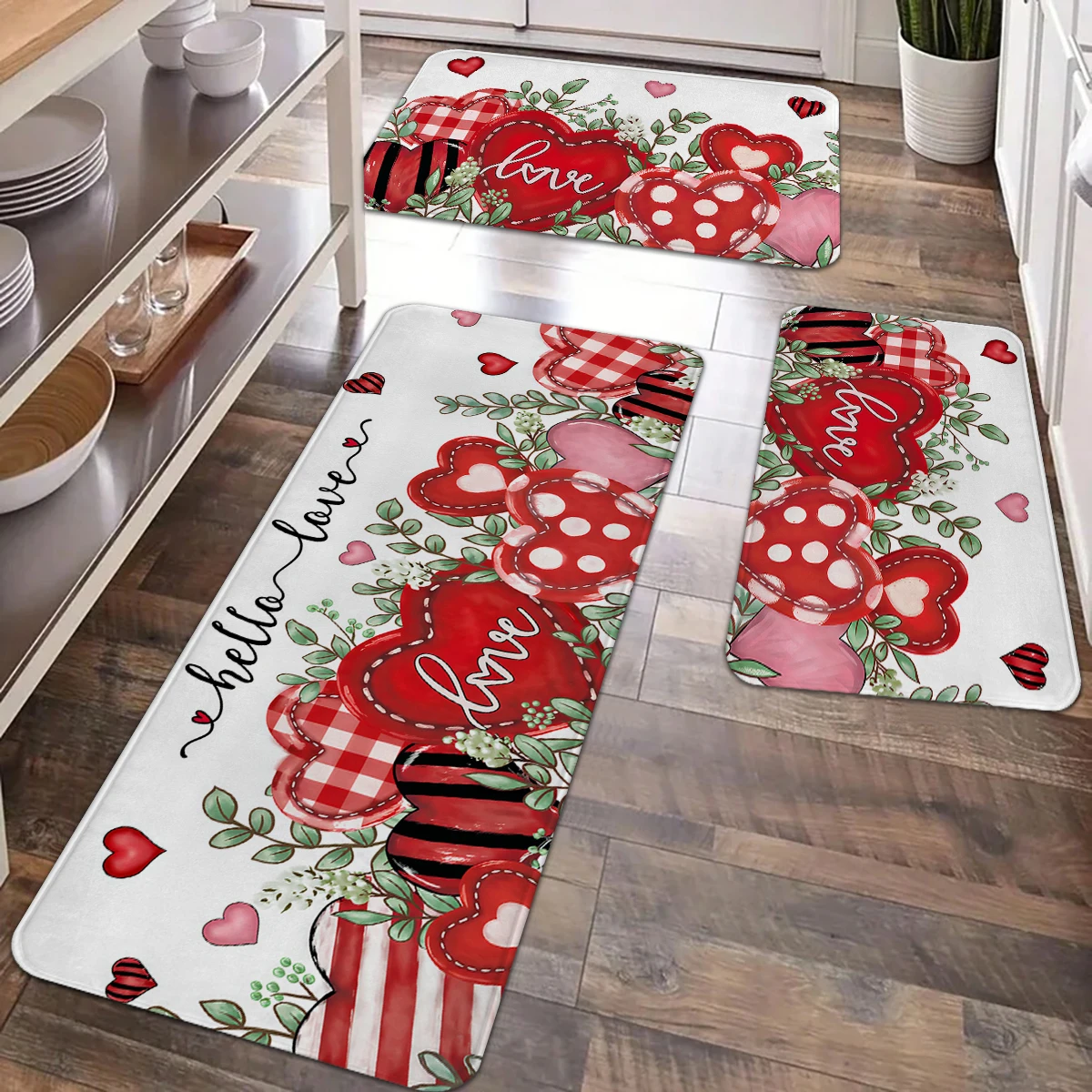 2/3 Stück Valentinstag Retro Romantische Liebe + Grünpflanzenmuster Küchenteppich-Set, geeignet für Wohnzimmer und Küchen,