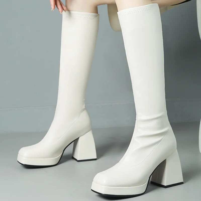 Black White Brown Knee High Boots Women Platform Winter Shoes Ladies New 2024 Elegant Women's Long Shoes Boots Large Size 45