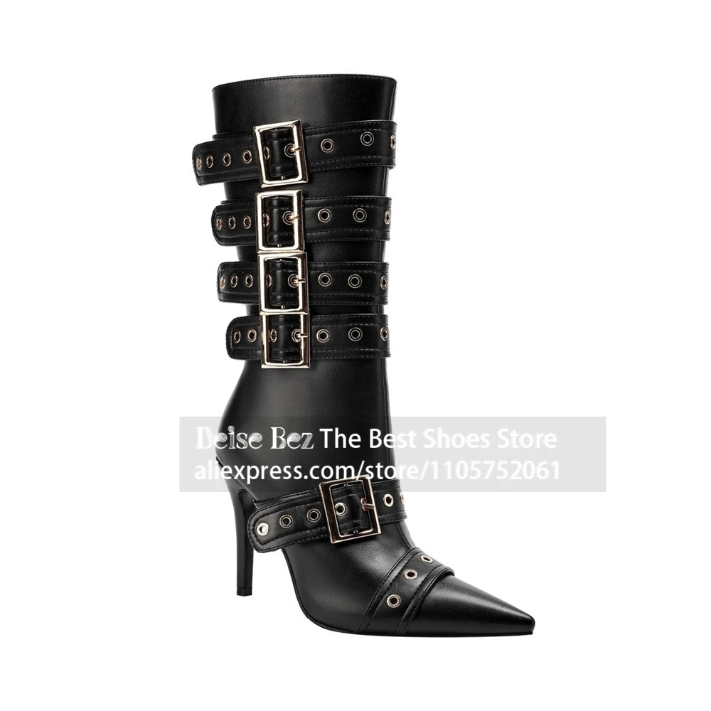 Multi Buckle Grommet Stiletto Boots Punk Eyelet Buckle Strap Mid Calf Boots Biker Style Multi Strap Pointed Toe Boots for Women